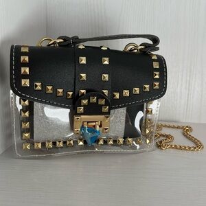 Small Black Clear Studded Purse Handbag Crossbody with Gold Colored Chain